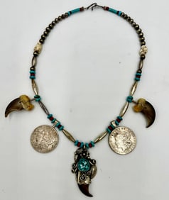 Frank Guerro Signed Native American Bear Claw Necklace W/ Morgan Dollars & Turqoise