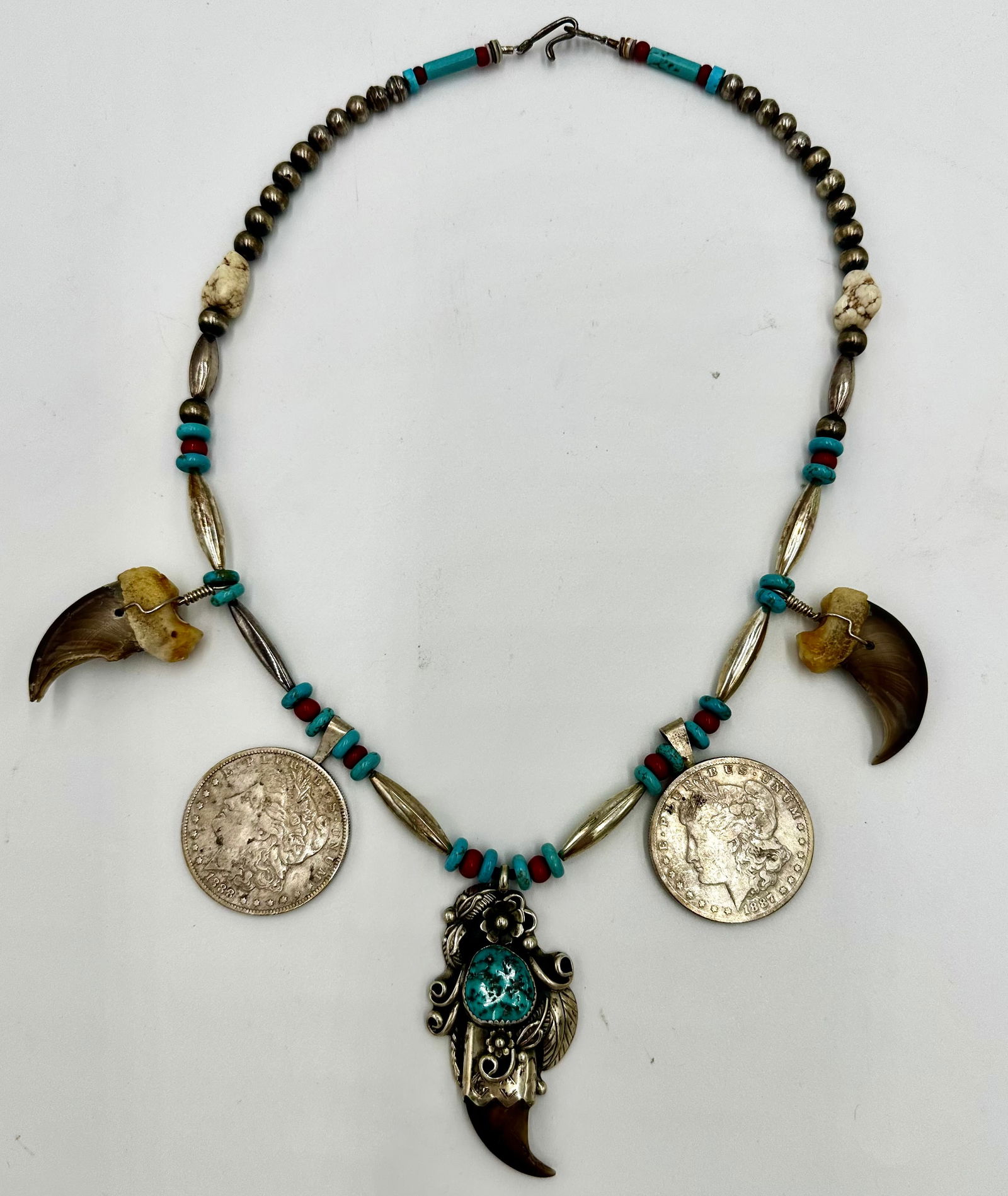 Frank Guerro Signed Native American Bear Claw Necklace W/ Morgan Dollars & Turqoise (1 of 11)