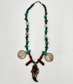 Frank Guerro Signed Native American Bear Claw Necklace W/ Morgan Dollars & Turqoise Coral