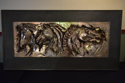 LARGE Vintage Mid-Century Relief Horses Art signed HJ