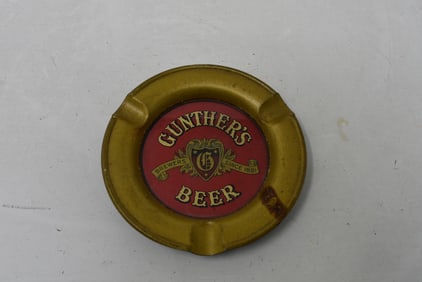 1940s Gunther's Beer Metal Ashtray with Original Glass Insert