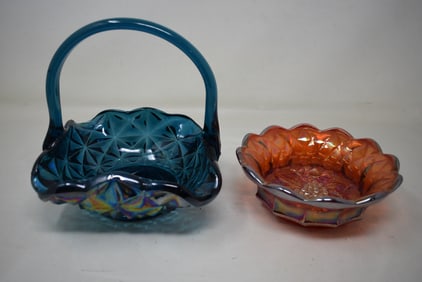 2 Pieces of Carnival Glass, Orange & Blue