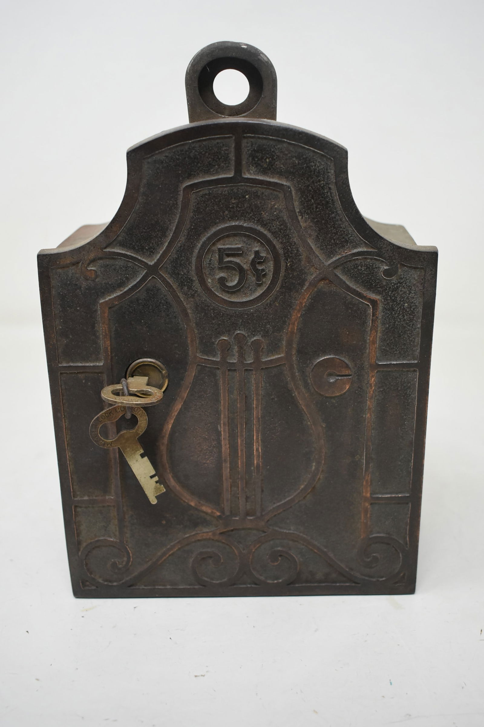 Monarch Cast Iron Coin-Op Wallbox for Nickelodeon with Key: Monarch Cast Iron 9" Coin-Op Wall Box for Nickelodeon, with key.