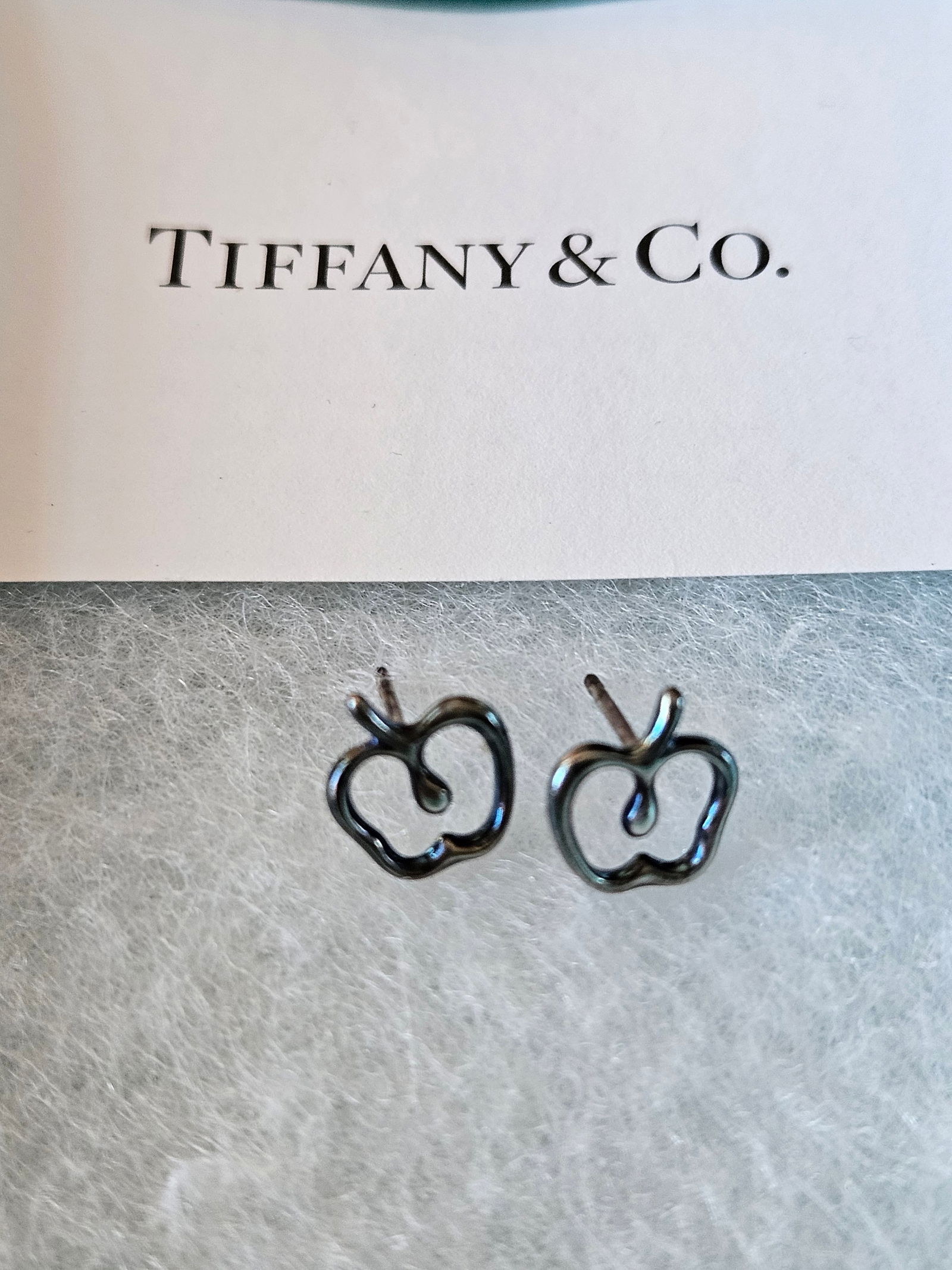 Tiffany & Co Elsa Peretti Sterling Silver Apple Earrings: Tiffany & Co Elsa Peretti Sterling Silver Apple Earrings. The posts are marked "T&Co Peretti" and "925 Spain". The backs are marked marked "T&Co Au925". In nice condition with some tarnish from storag