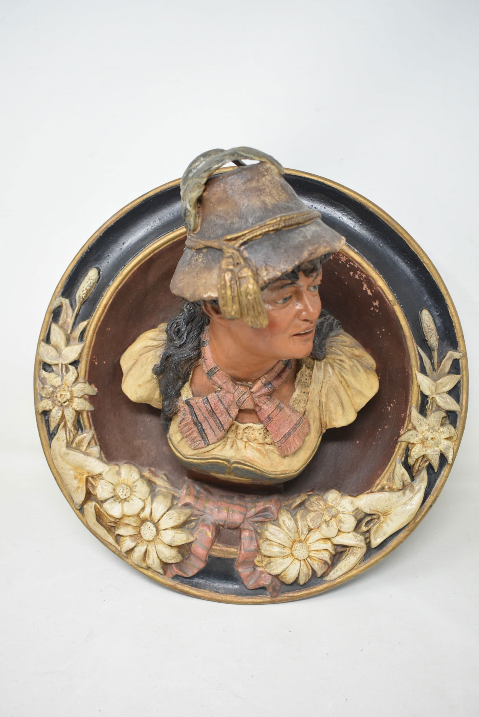 German Pottery Figural Relief Wall Plaque, Woman in Hat (1 of 5)