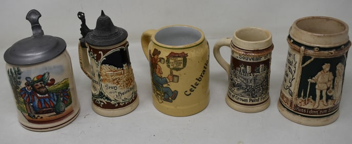 Group of 5 Pottery Beer Steins