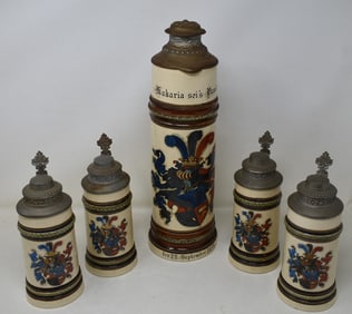 2 Liter Studentika Coat of Arms Master Stein & 4 Smaller Steins Set