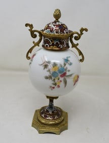 Sevres French Painted Porcelain and Champleve Enamel Lidded Vase