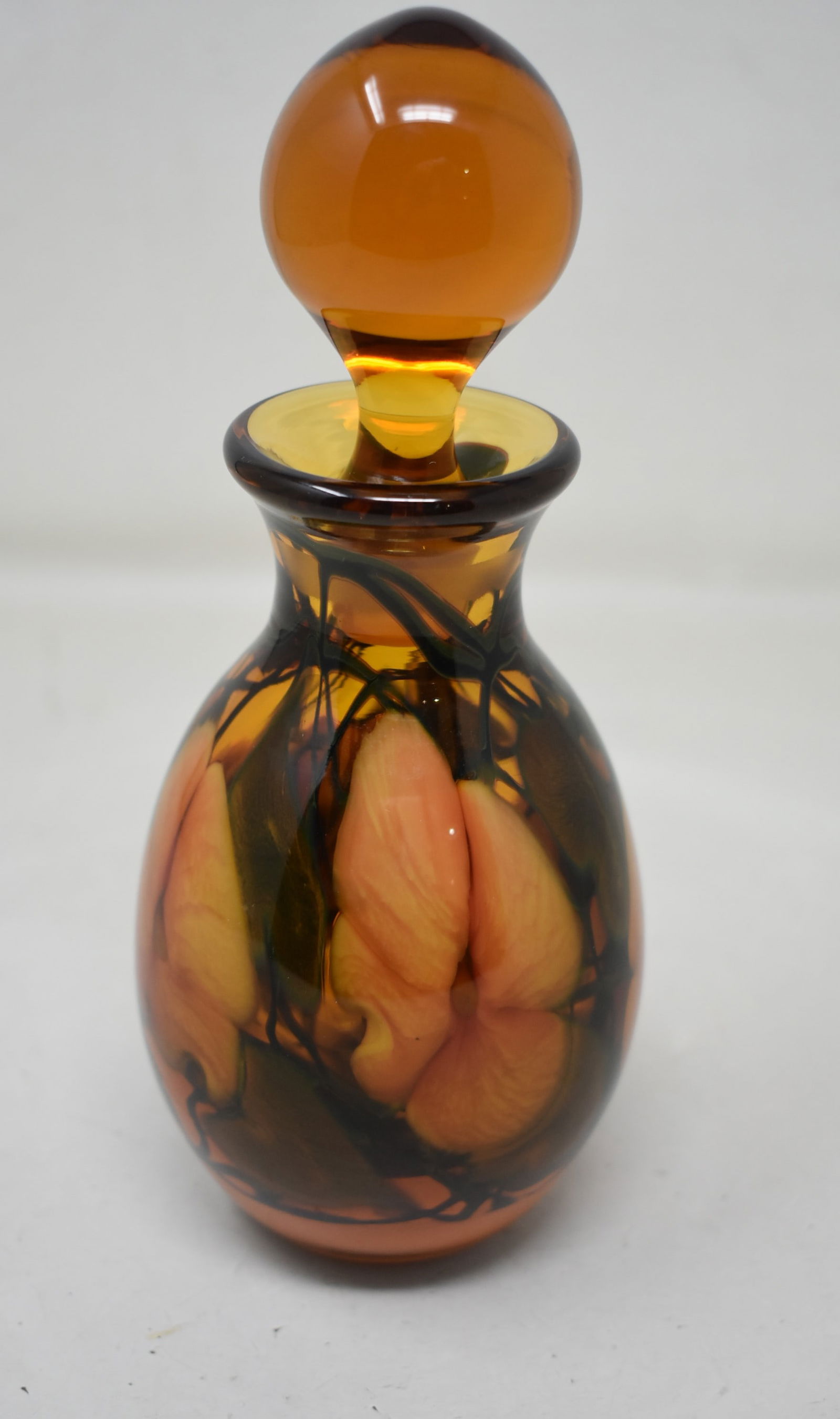 Charles Lotton 1978 Amber Multi-Flora Art Glass Vase with Stopper Signed (1 of 8)