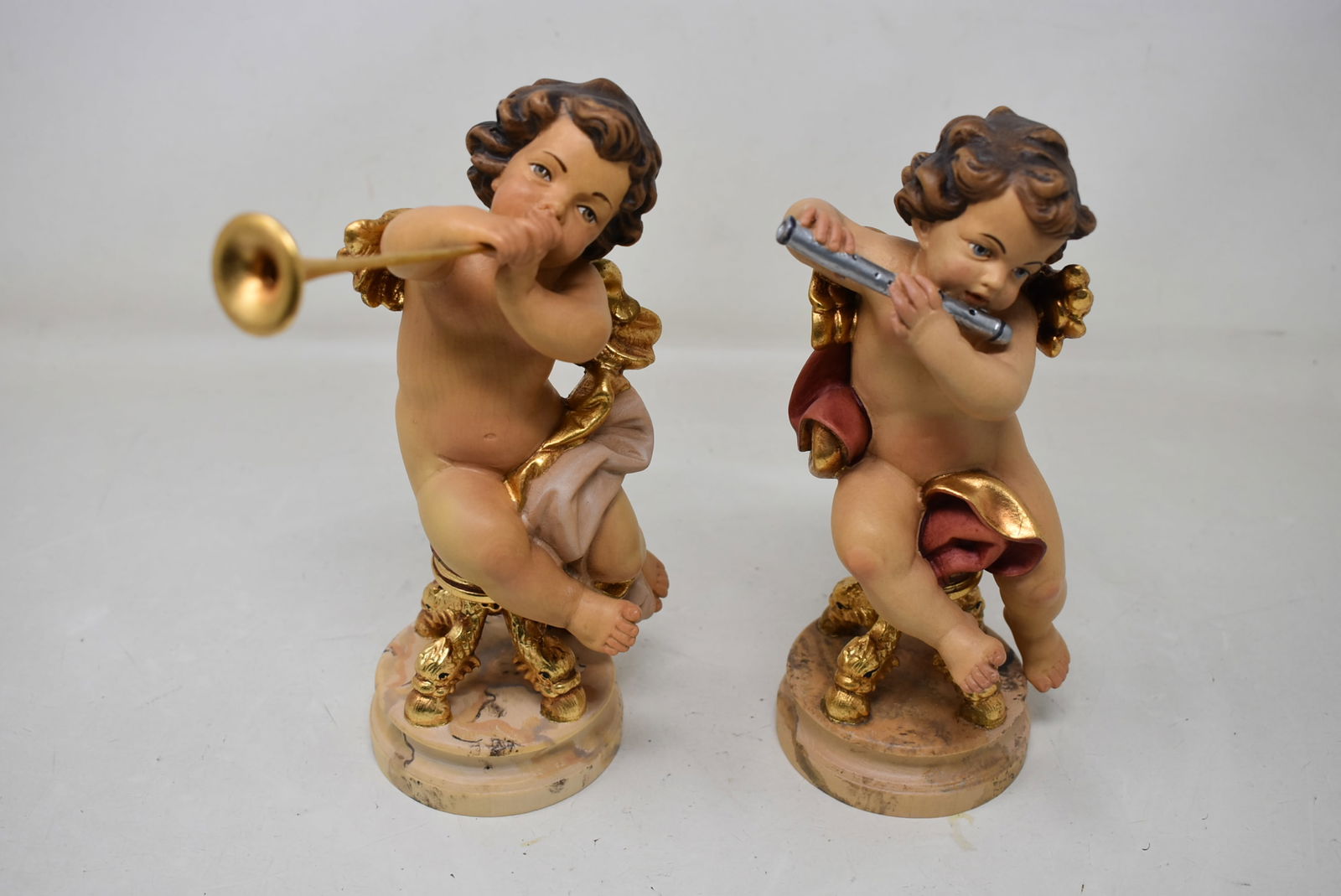 2 Lepi Italian Carved Wood 8" Angels Band: 2 Lepi Hand Carved Wood 8" Angels Playing Instruments Figures. In excellent condition.