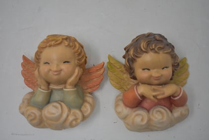 2 Anri Hand Carved Cherub Angel Wall Plaques