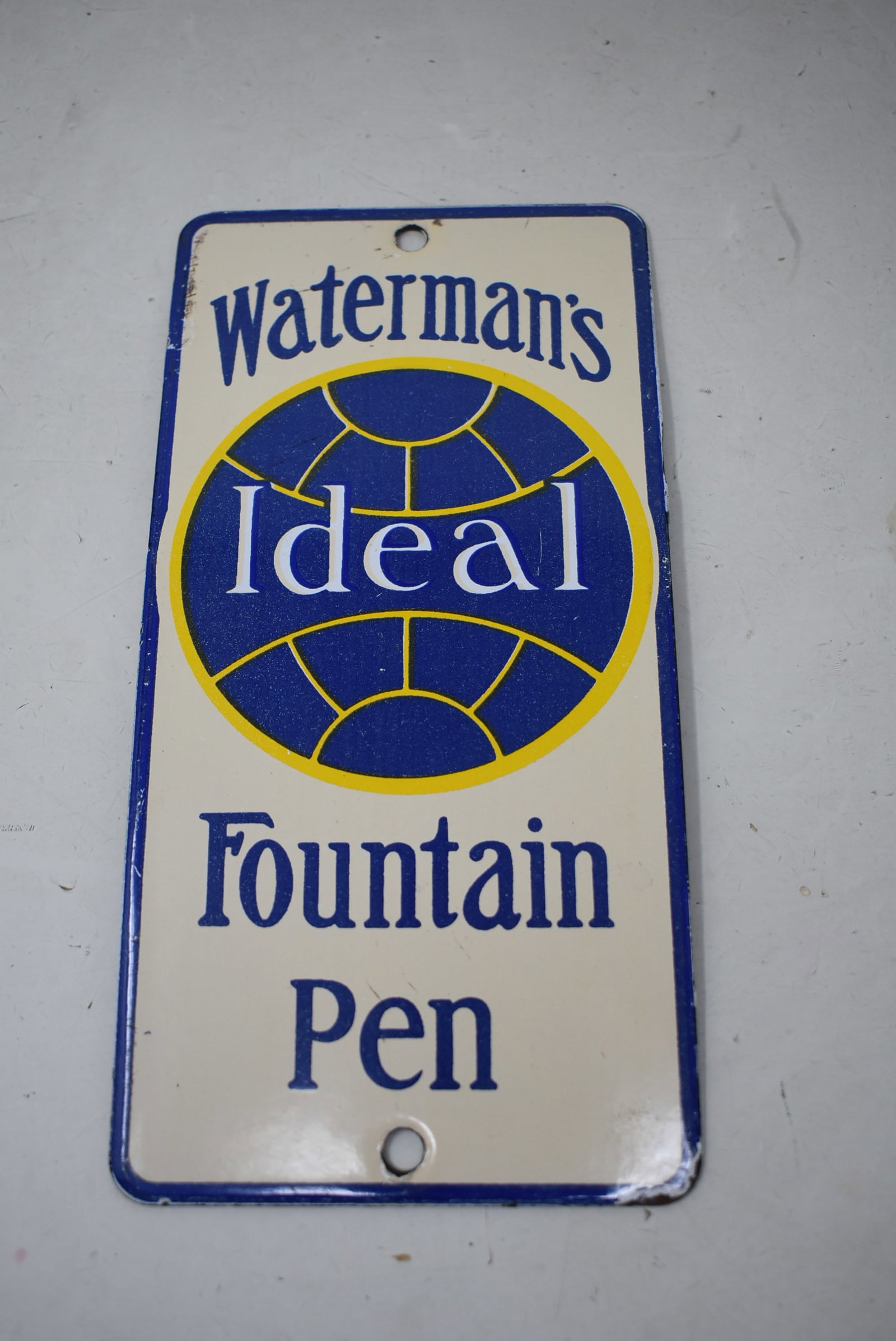 Waterman's Ideal Fountain Pen Porcelain Sign: Waterman's Ideal Pen Porcelain Sign. It measures 8"x4" and comes in nice condition with light wear.