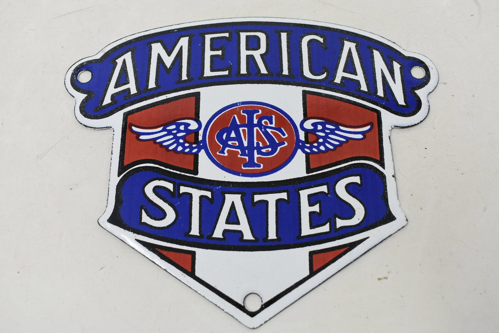 Porcelain American States Insurance Company Radiator Badge Sign: Vintage American States Insurance Company Radiator Badge/Sign. 5"x6" and is in nice condition.
