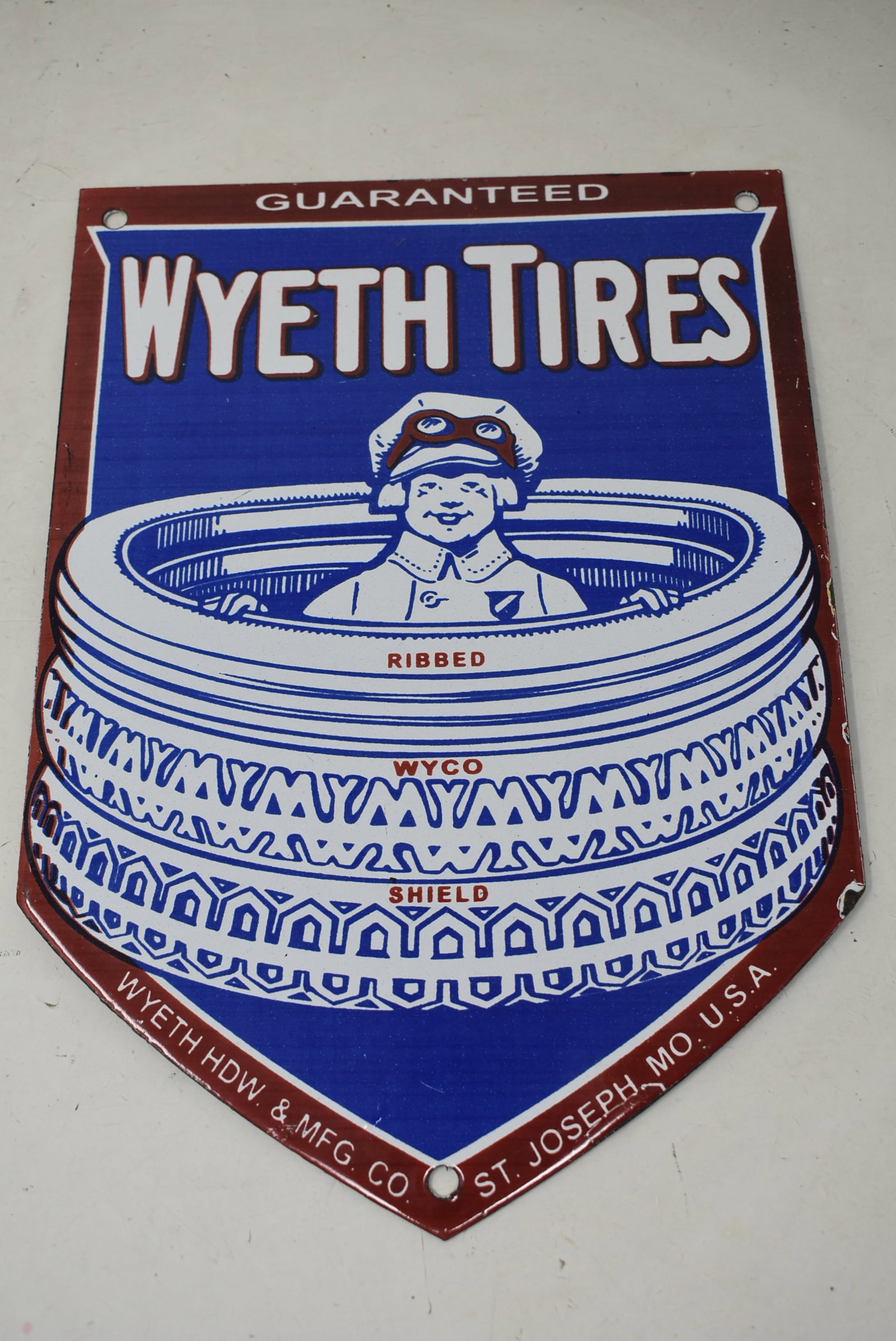 Wyeth Tires Porcelain Sign: Wyeth Tires Porcelain Sign. It measures 10"x7.5" and is in nice condition with light edge wear.