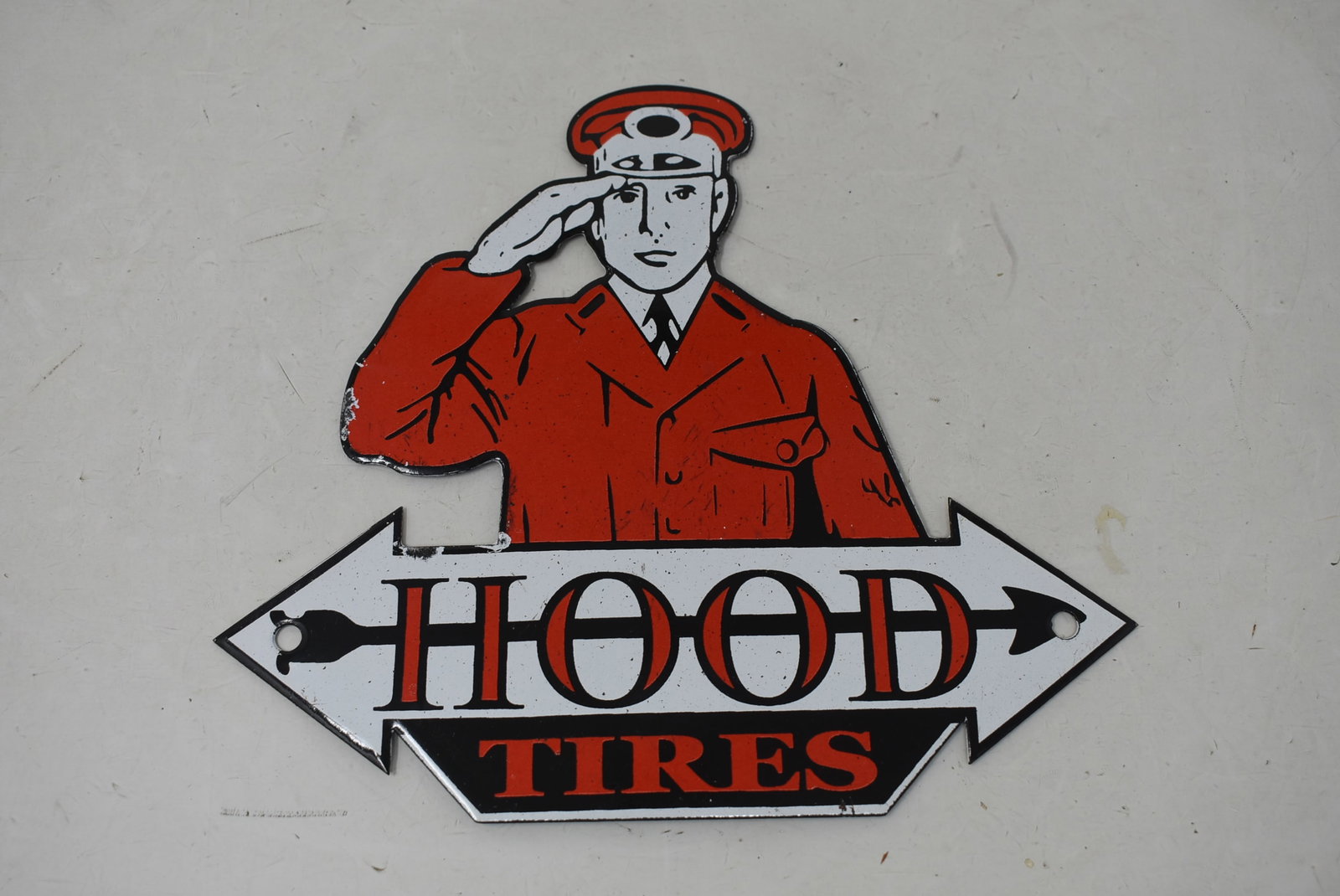 Hood Tires Porcelain Sign: Hood Tires Porcelain Sign. It measures 8"x7" and is in nice condition with light wear.