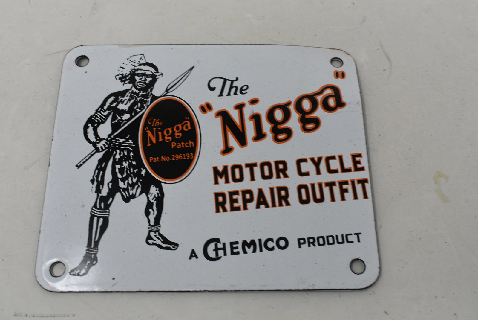 Porcelain Chemico Motorcycle Repair Outfit Sign: Chemico The "Nigga" Motorcycle Repair Outfit Porcelain Sign. It measures 5"x6" and comes in nice condition light edge wear.