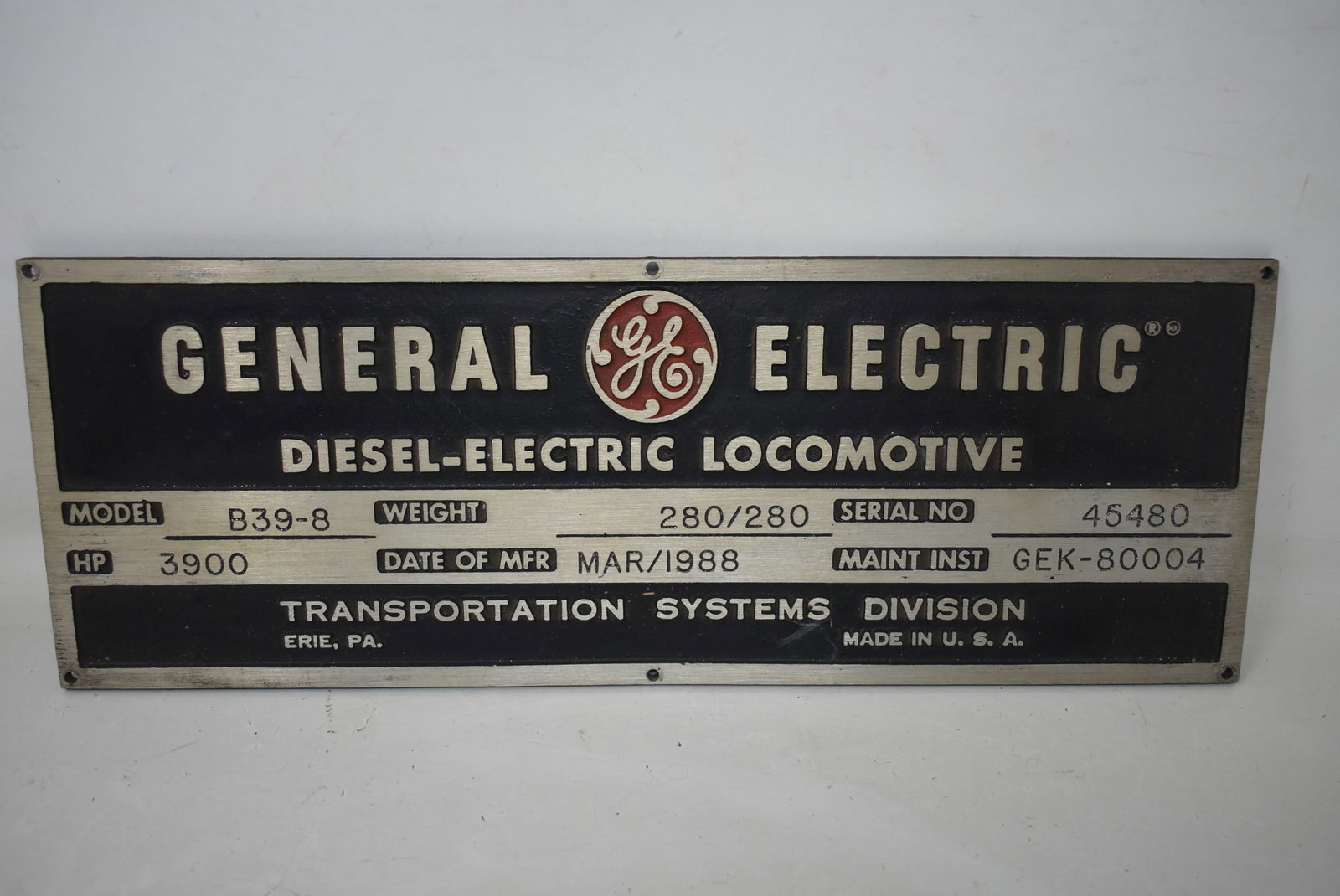 1988 General Electric B39-8 Diesel Electric Locomotive Data Plate: 1988 General Electric B39-8 Diesel Electric Locomotive Data Plate. It measures 14"x5"