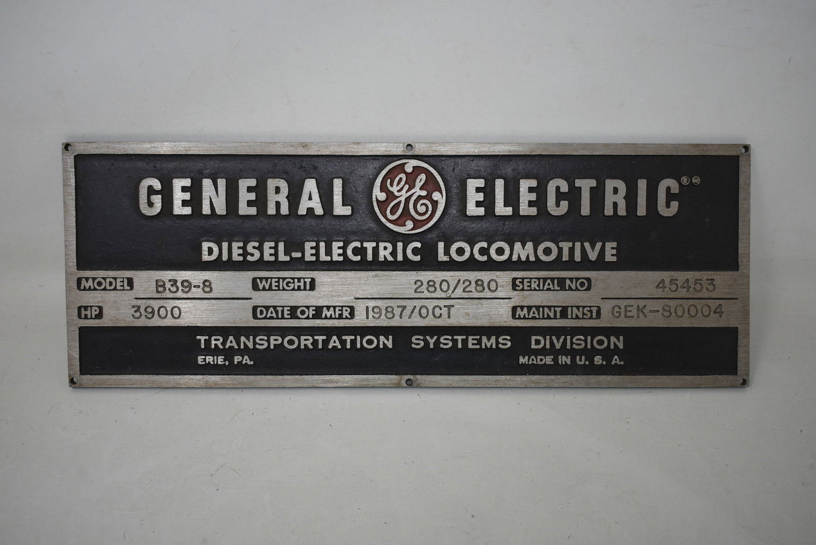 1987 General Electric B39-8 Diesel Electric Locomotive Data Plate: 1987 General Electric B39-8 Diesel Electric Locomotive Data Plate. It measures 14"x5"