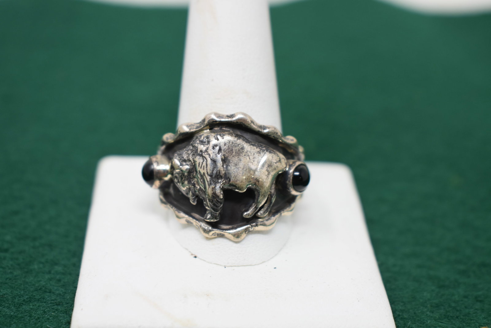 Running Bear Men's Sterling Silver and Onyx Buffalo Ring Size 13: Men's Sterling Silver & Onyx Buffalo Ring by Running Bear, signed. It is a size 13