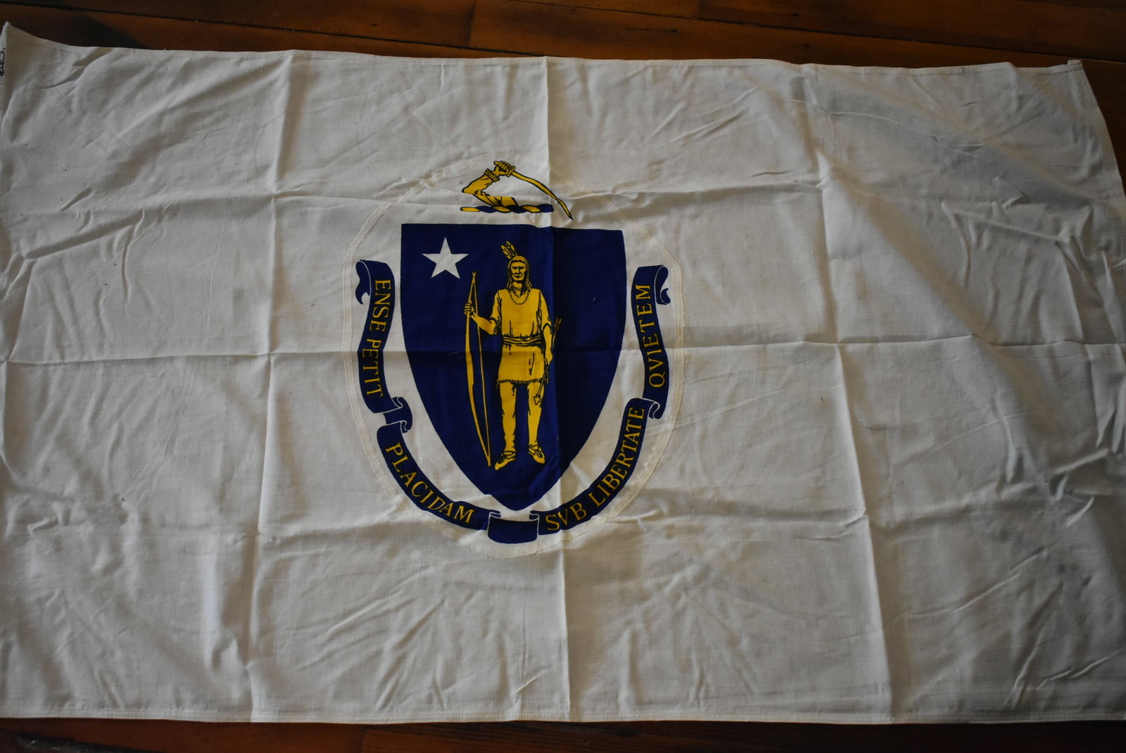 Vintage Commonwealth of Massachusetts Cotton Flag: Vintage Commonwealth of Massachusetts Cotton Flag, 60"x34". Light spotting