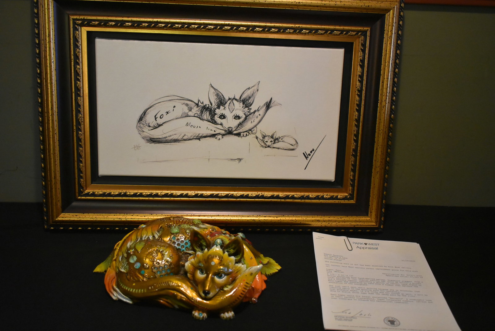 Nano Lopez "Foxy" Bronze Sculpture and Artist Rendering Giclee Signed: Nano Lopez "Foxy" or "Foxi" Bronze Sculpture and Artist's Rendering Giclee on Canvas. Both are numbered 361/680 and the Giclee is hand signed. Foxy measures 13"x10"x4.5". Nano Lopez integrates Numbers