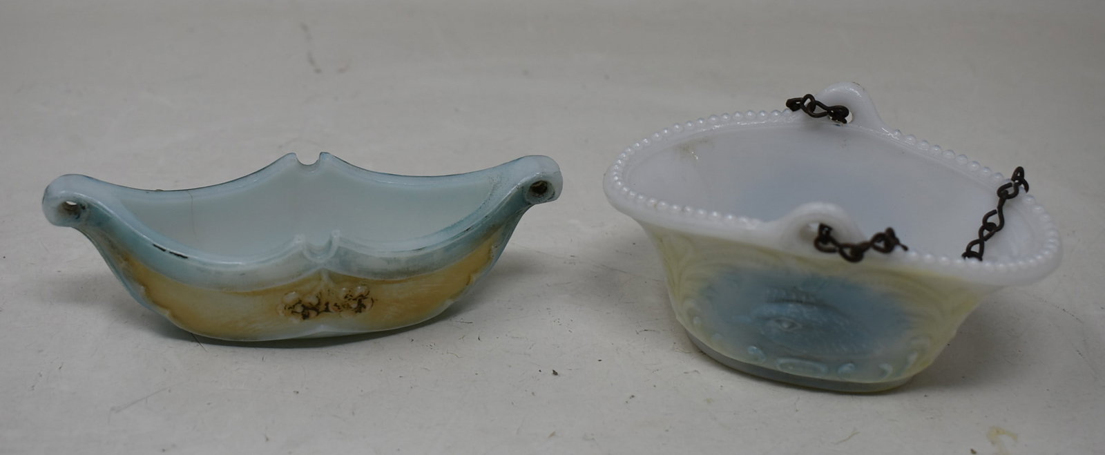 2 Victorian Milk Glass Hanging Basket Match Holders with Strikers (1 of 7)