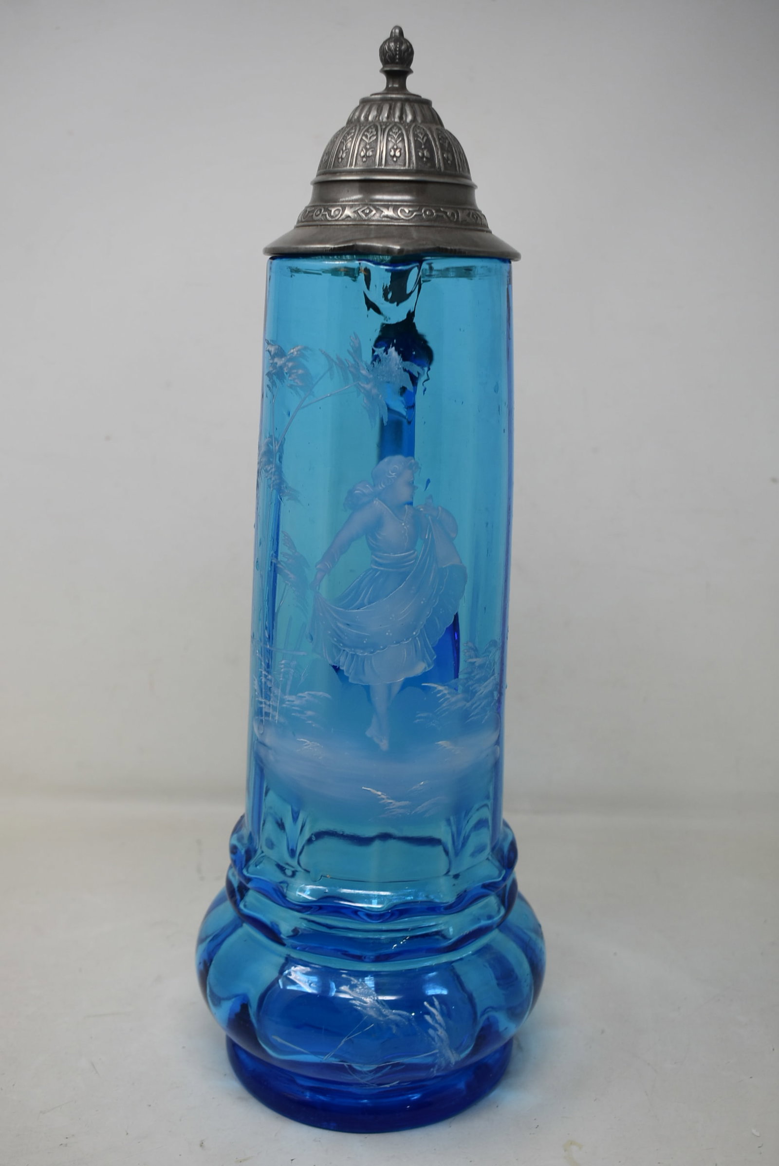 Beautiful Cobalt Blue Glass 2 Liter Mary Gregory Beer Stein w Pewter Lid (1 of 9)