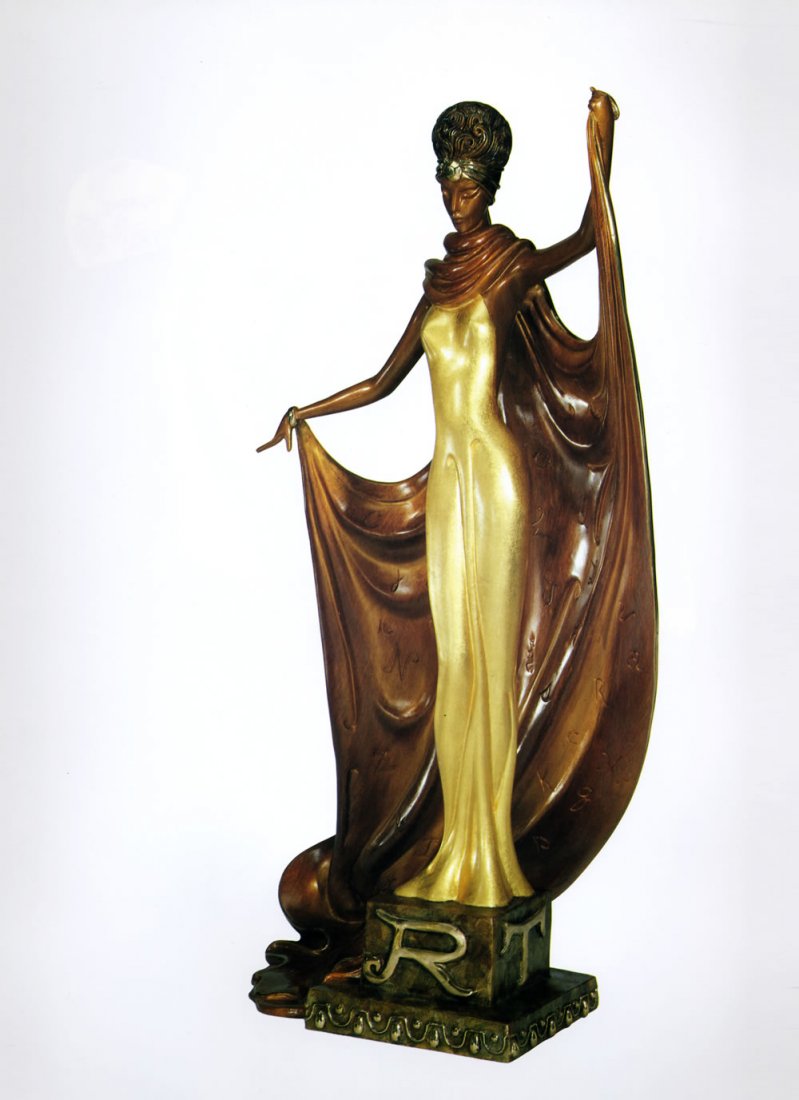 Erte Sculpture - "Alphabet Lady, Knowledge": ERTE -Spectacular limited edition bronze "Alphabet Lady, Knowledge" sculpture (circa 1990) numbered 325/375. Bronze sculpture with yellow gold leaf and polished embellishments. Full Provenance from th