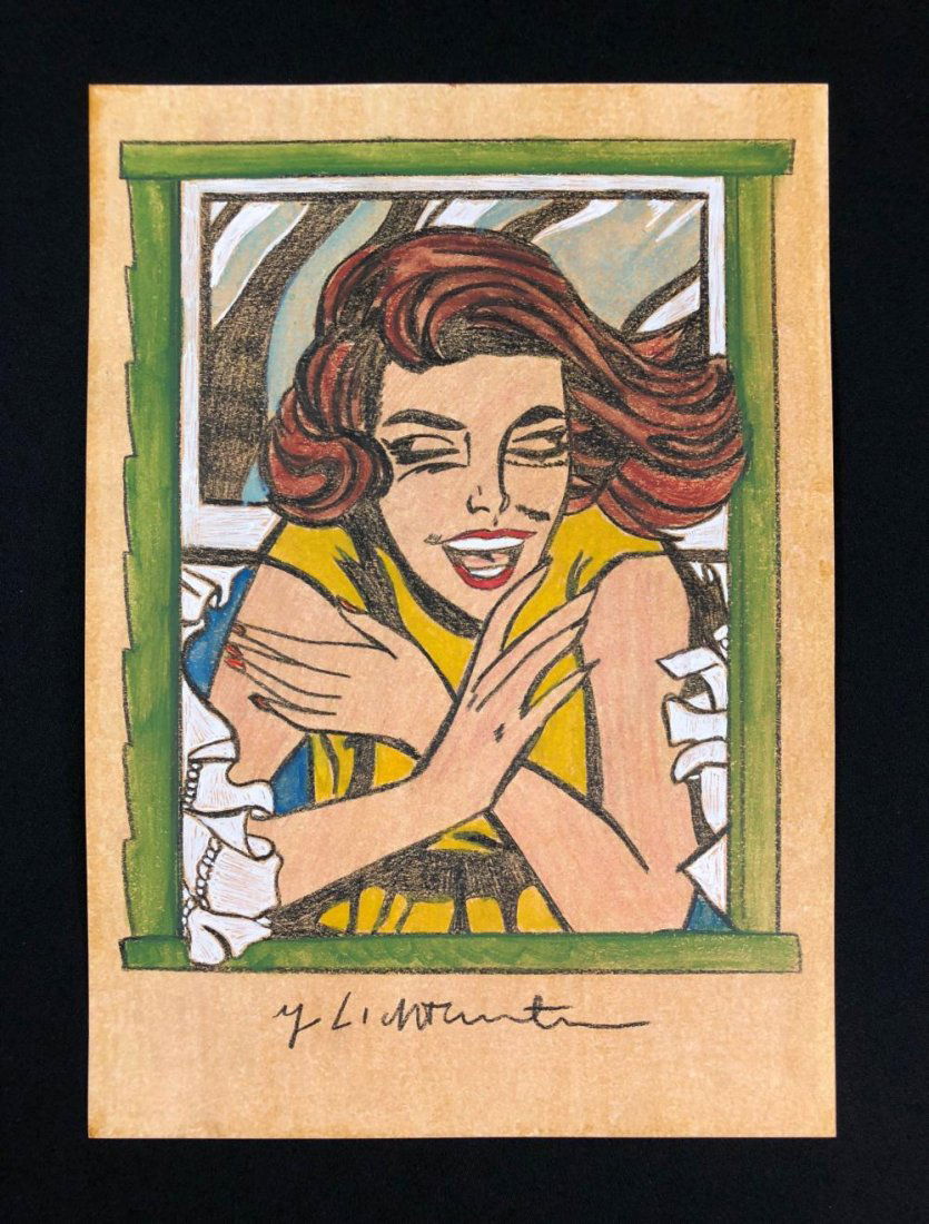 Roy Lichtenstein - Girl in Window: Roy Lichtenstein (American, 1923 -1997) "Girl in Window" (Study for World's Fair Mural - 1963) Done in the contemporary Pop Art style of Modern Artist Lichtenstein, this work of art is a hand drawn mi
