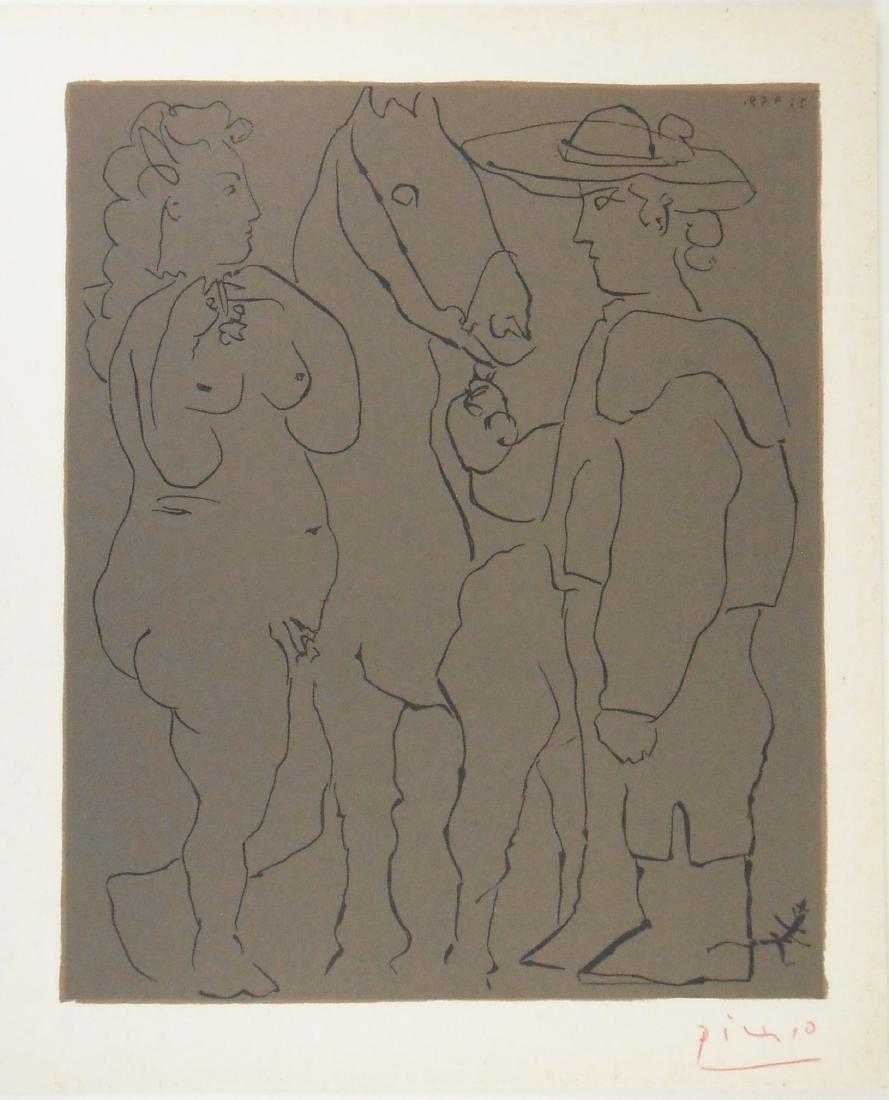 Pablo Picasso - Picador, Horse and Woman: Pablo Picasso (1881 -1973, Spain) - "Picador Standing With Horse and a Woman" (Picador Debout Avec Son Cheval et une Femme.) This work of art is a facsimile color linoleum cut of the 1962 Harry N. Abr
