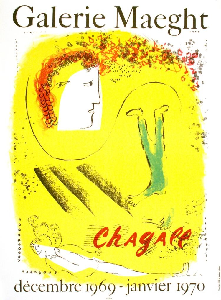 Marc Chagall - Yellow Background Maeght Poster: MARC CHAGALL (1887-1985, Russia/France.) This poster was created for the exhibition at Galerie Maeght that was held in Paris from December 1969 - January 1970. It was engraved by Charles Sorlier and i