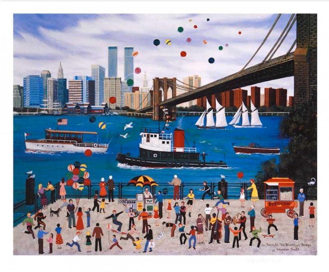 Jane Wooster Scott - Beneath the Brooklyn Bridge: Jane Wooster Scott (1918 - 2011, American) "Beneath the Brooklyn Bridge" is a Limited Edition Lithograph, Numbered (48/500) and Hand Signed with Certificate of Authenticity. This work by the by renown