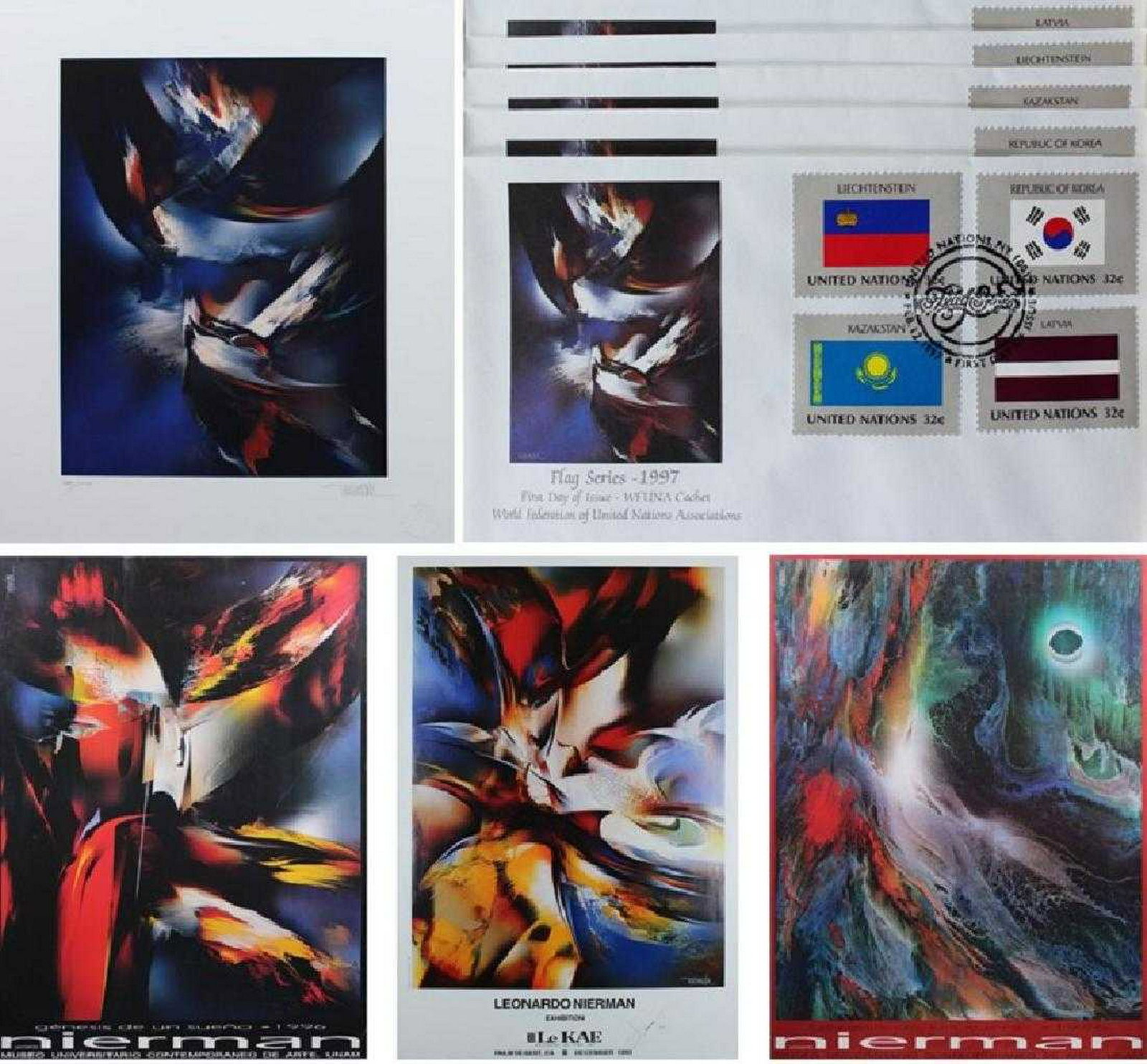 Leonardo Nierman, Portfolio of Seven Works Plus Book,: Leonardo Nierman (1932 - 2012, Mexican) - Eight Unique Items ; "Volcanic Fury" (1995) is an abstract serigraph, signed in pencil and numbered 200/200. The image measures 9" x 7" and the unframed sheet