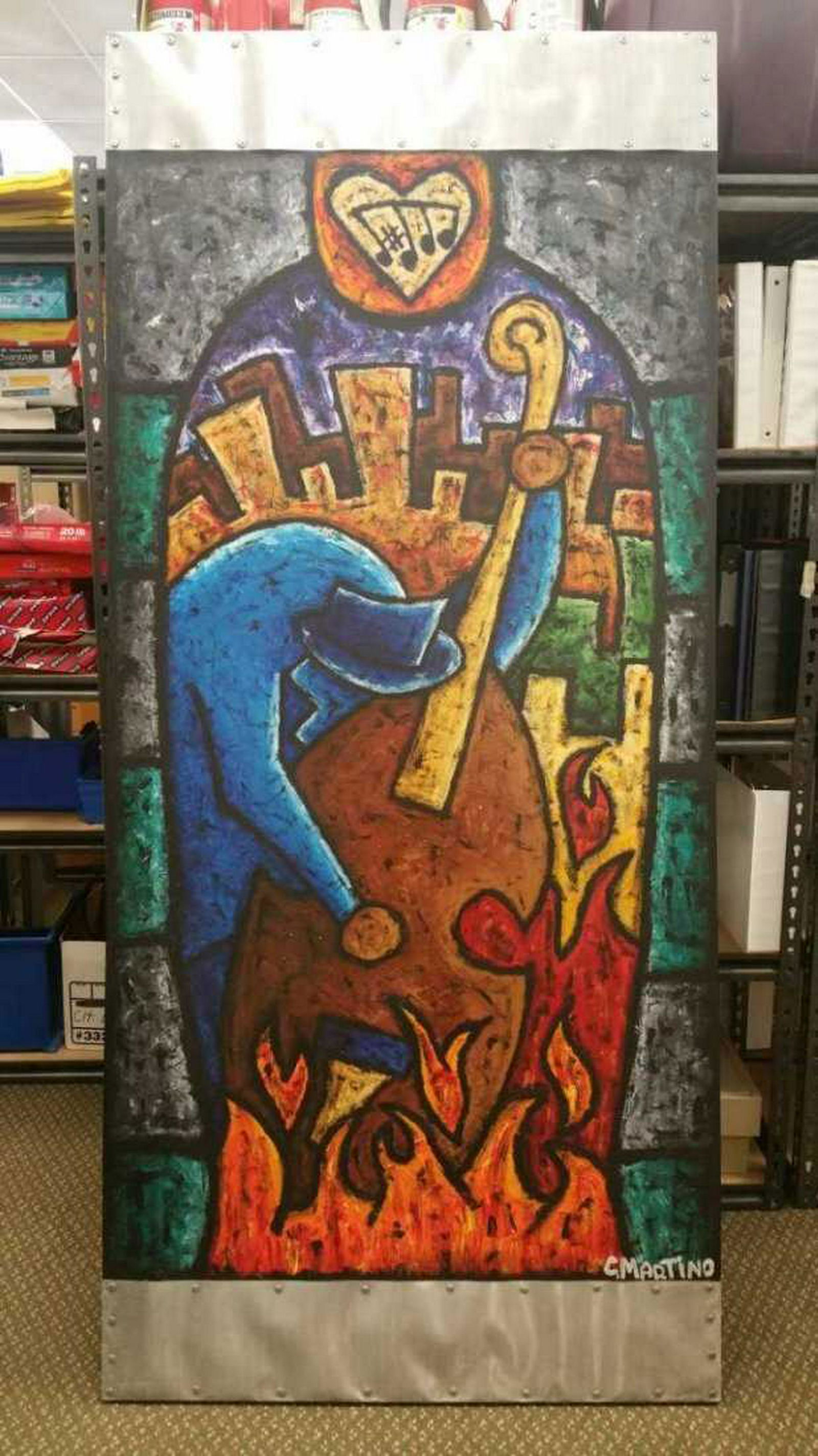 Christopher Martino - Apocalypse Jam (Bass): Large Acrylic, Capped in Metal, 2001, 36" x 92." C Martino is a Southern California contemporary artist and curator battling generic environments and boring spaces everywhere. He explores the ever-shi