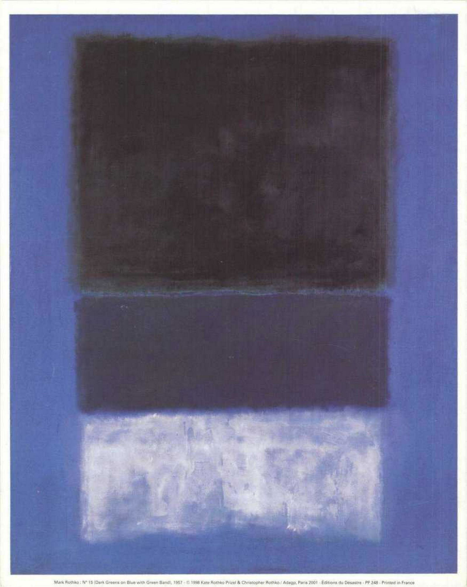 Mark Rothko, Dark Green on Blue w/Green Band #15 Poster: Mark Rothko (1903-1970) Untitled No. 15 (Dark Greens on Blue with Green Band)-This work of art is an unsigned Offset Lithograph. Paper size is 11.75 x 9.5 inches, with frame and matting it measures 21