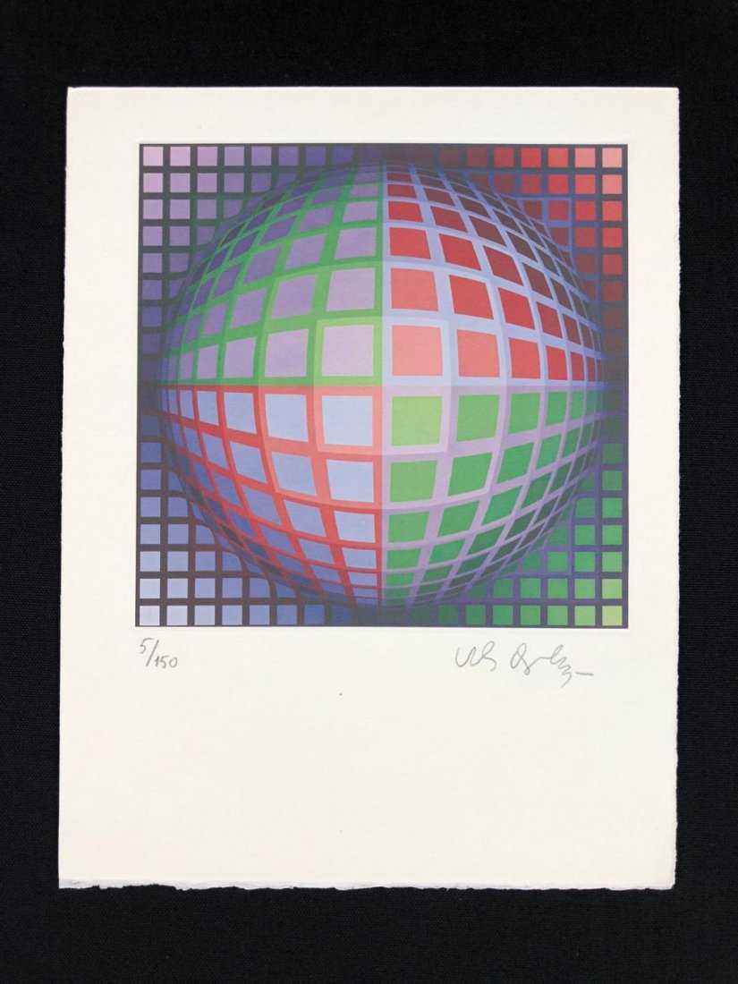 In the Style of Victor Vasarely - "Vega-Pi" Sphere: In the style of Victor Vasarely (Hungarian-French, 1906-1997) "Vega-Pi" (1978) Geometric Sphere. Limited edition serigraph on paper, this piece is numbered "5/150" and there is a signature in graphite