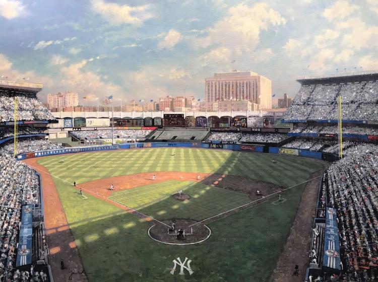 Thomas Kinkade - Yankee Stadium: Thomas Kinkade (1958-2012.) "New York Yankees Stadium" - Hand embellished and hand signed. There is a hologram sticker on verso with registration #110607. The 18" x 24" canvas comes stretched and read