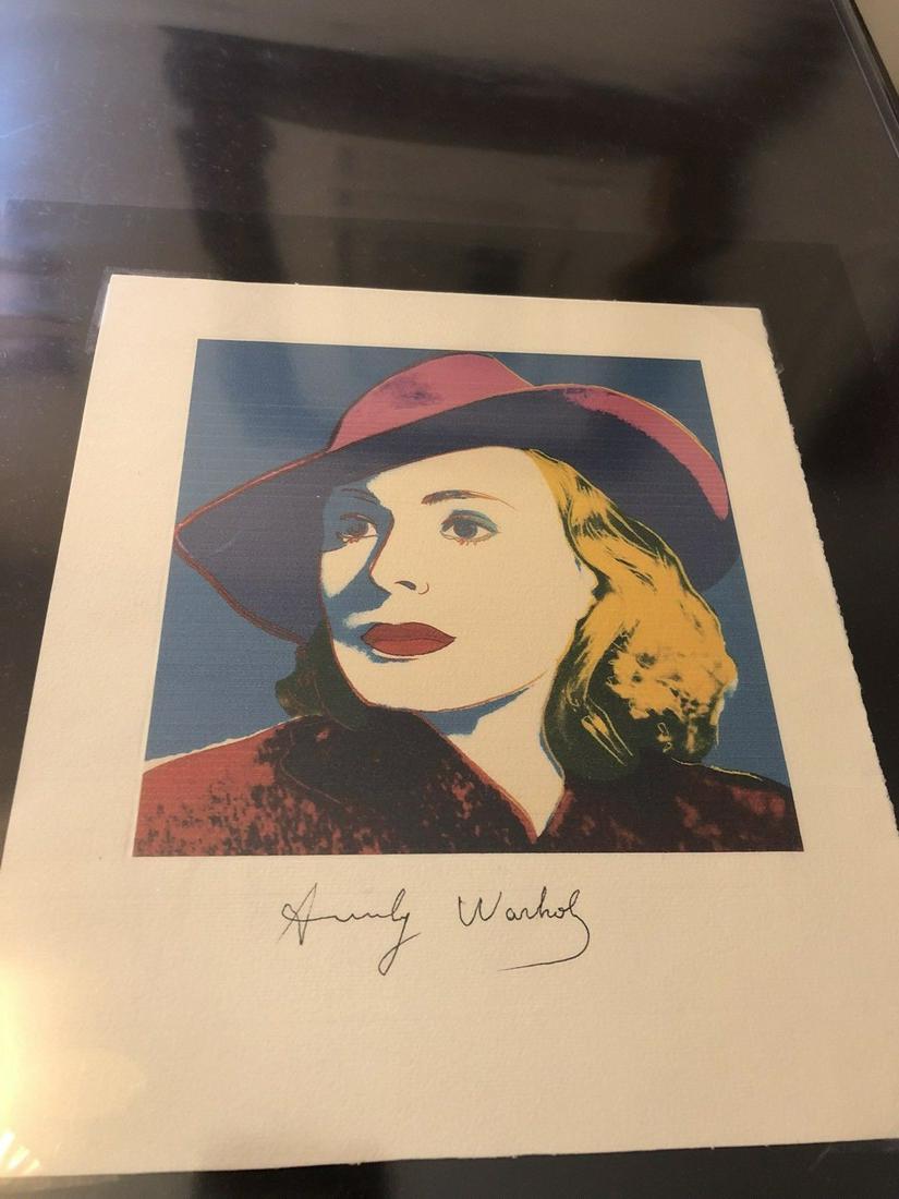 Andy Warhol - Bergman With Hat: Andy Warhol (1928-1987, USA) - "Ingrid Bergman With Hat" is a vintage lithograph on fine art, deckled-edge paper. It measures 8 1/8" x 9 3/8" unframed and is hand signed. This comes from an unknown ed