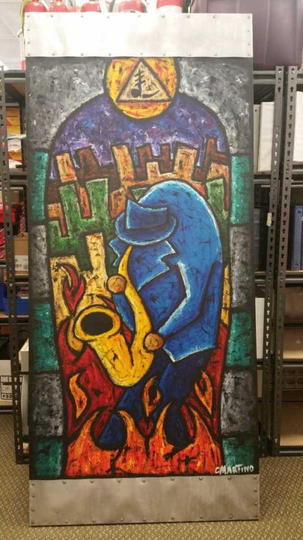 Christopher Martino - Apocalypse Jam (Sax): Large Acrylic, Capped in Metal, 2001, 36" x 92." C Martino is a Southern California contemporary artist and curator battling generic environments and boring spaces everywhere. He explores the ever-shi