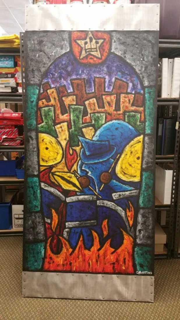 Christopher Martino - Apocalypse Jam (Drums): Large Acrylic, Capped in Metal, 2001, 36" x 92." C Martino is a Southern California contemporary artist and curator battling generic environments and boring spaces everywhere. He explores the ever-shi