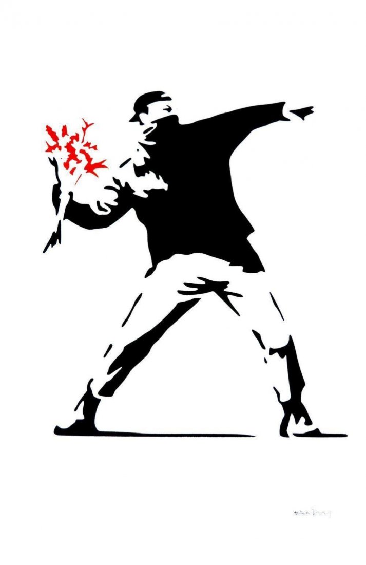 Banksy (After) - Flower Thrower (Red): (After) Banksy (b. 1975) Stencil StreetArt. (2016) Edition of 200. Signature imprimee (stamped.) Hand numbered 12/200 in pencil. Measures 39.5 x 27.5 inches. Probably one of the most well-known of Ban