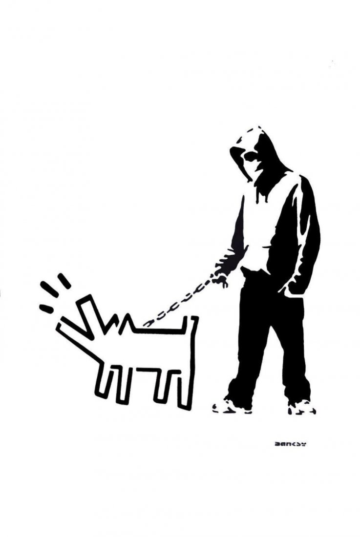Banksy (After) - Hoodie and Keith Haring Dog: (After) Banksy (b. 1975) "Hoodie and Keith Haring Dog" (2017) Stencil Street Art; Large size Stencil/Paint. Edition of 30. Signature imprimee. Hand numbered 2/30 in pencil. Comes with Signed COA card