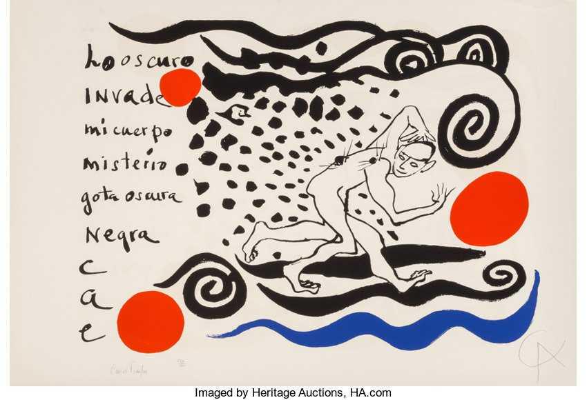 Alexander Calder/Carlos Franqui - "Lo Oscuro Invade...": A work of art created jointly, circa 1970, by Alexander Calder (1898-1976, American) and writer/poet, Carlos Franqui (1921-2010, Cuban.) The limited edition color lithograph is titled "Lo Oscuro Invad