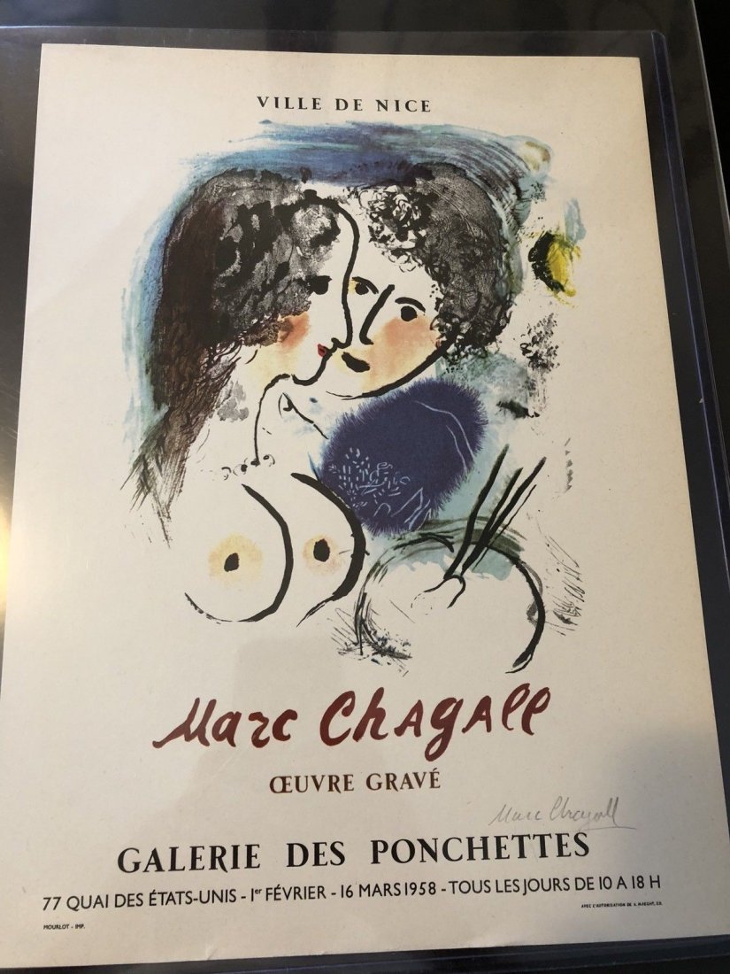 Chagall - Painter at the Easel: Marc Chagall (1887-1985, Russia/France) - "Oeuvre Grave, Le Peintre a la Palette" (Serious Work, The Painter at the Palette [Easel]) This is a vintage poster created for a 1958 exhibition in Nice, Fra