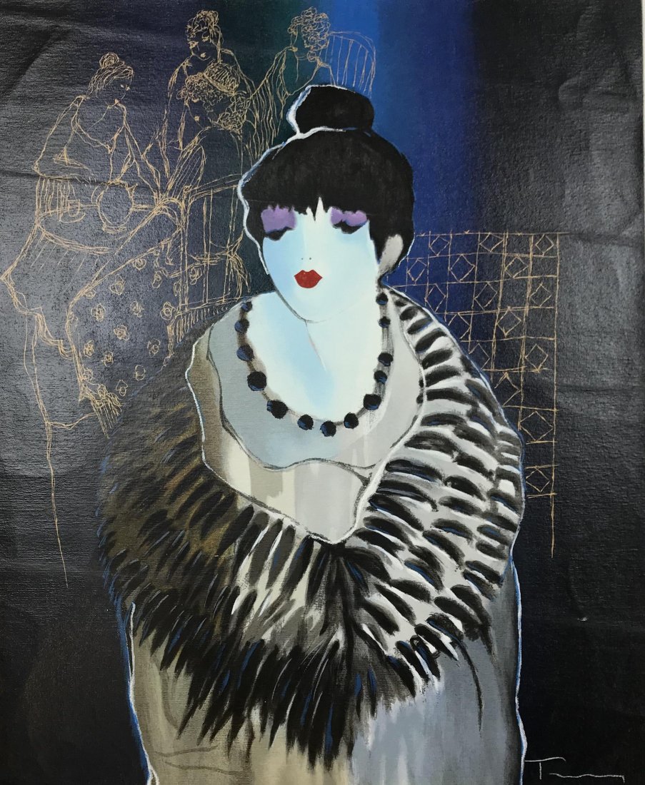 Tarkay - Liza at the Party: Itzchak Tarkay (1935-2012) Liza at the Party (2001) - serigraph on canvas, 32 x 26 1/2 in (29.5 x 24 in ) signed lorwer right, Edition AP 25/31 noted verso "Liza at the Party 2001"