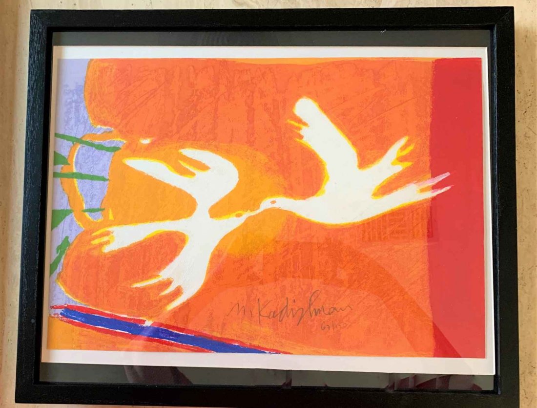 Menashe Kadishman "Birds Kissing": Menashe Kadishman (1932-2015, Israel) "Birds Kissing” (a/k/a Doves of Peace) is a limited-edition silkscreen serigraph hand signed and numbered (67/150) by the world-renowned artist. Kadishman is pr