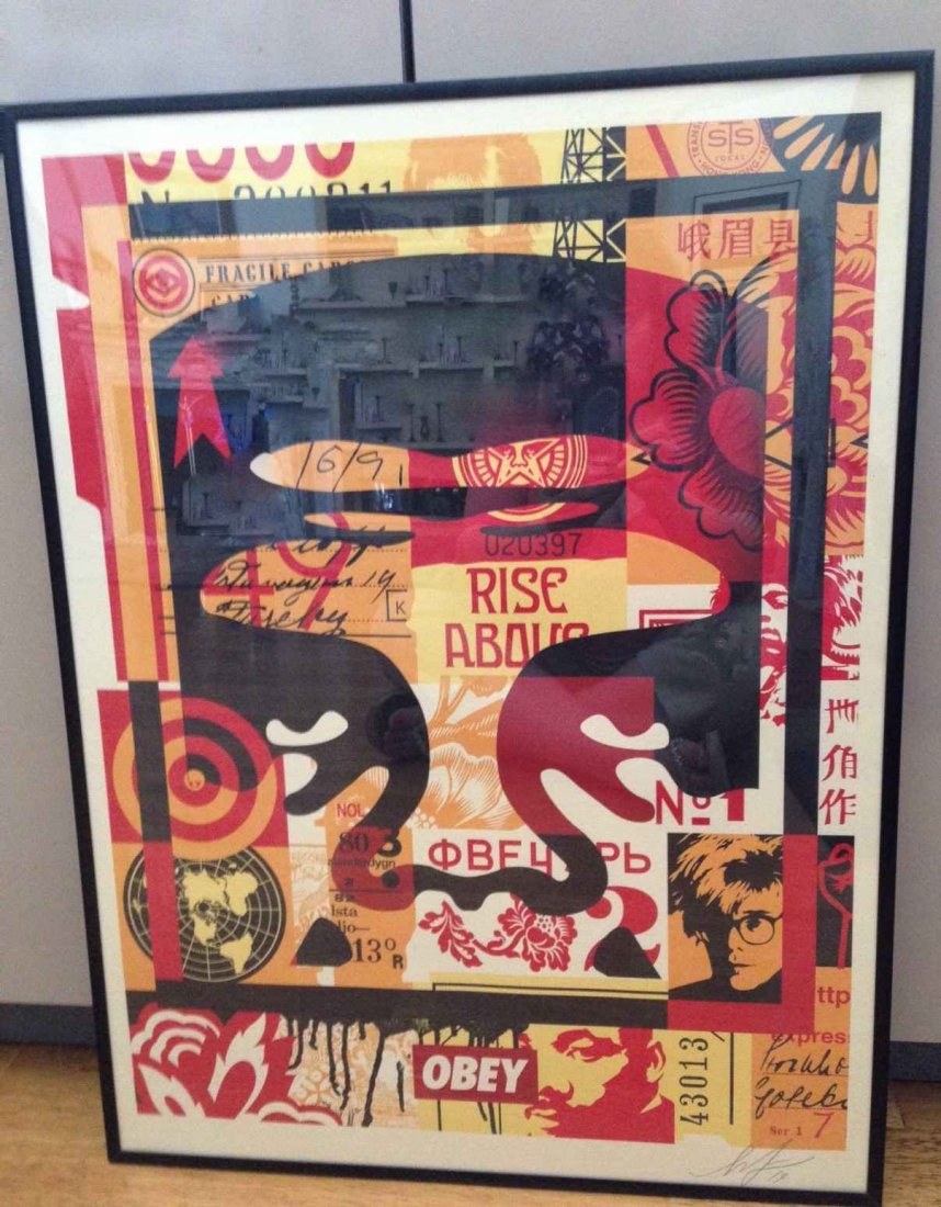 Shepard Fairey, "Obey Giant" Icon Collage (Top): Shepard Fairey (b.1970, American) "Obey Giant" Collage (Top) is an 18 x 24 inch offset lithograph printed in colors on cream speckle tone paper with full margins by the renowned street artist. It is e
