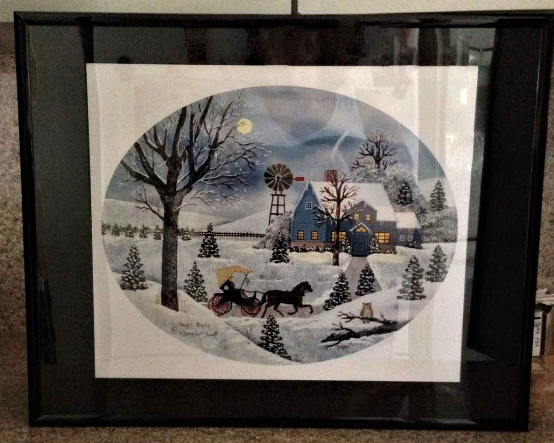 Jane Wooster Scott, "Night Owls": Jane Wooster Scott, "NIGHT OWLS" (2002) is limited edition lithograph on paper from the Four Seasons Oval Suite. It is signed and numbered (9/500) from a limited edition (including Artist Proofs, etc.