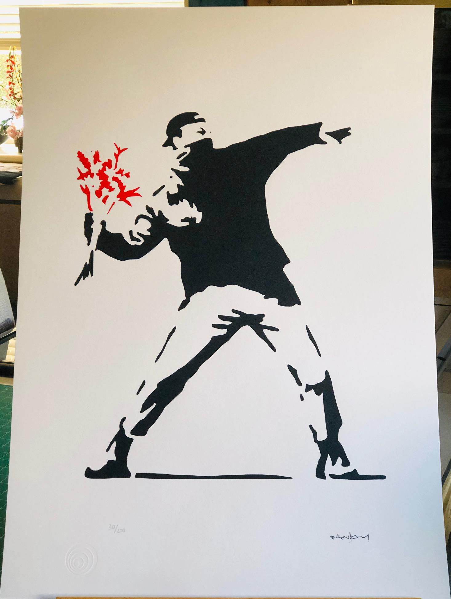 Banksy (After) - Flower Thrower - Red: (After) Banksy (b. 1975) "Flower Thrower - Red"; Stencil StreetArt (2016) Edition 30/200; Stencil/Spray on Arches paper 360 g; Signature imprimee (stamped.) Numbered in pencil; Measures 39.5 x 27.5 in