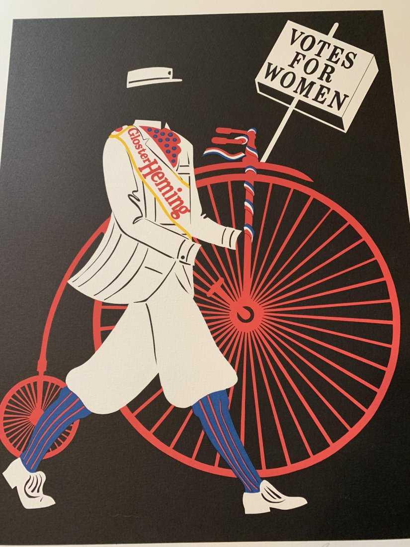 Robert Indiana - "Costume: Gloster Heming - Votes...": Robert Indiana (1928-2018, American) "Gloster Heming - Votes for Women" - Limited edition lithograph; marked in pencil (61/150) in the lower left, pencil signed/dated (1977) in the lower right by note
